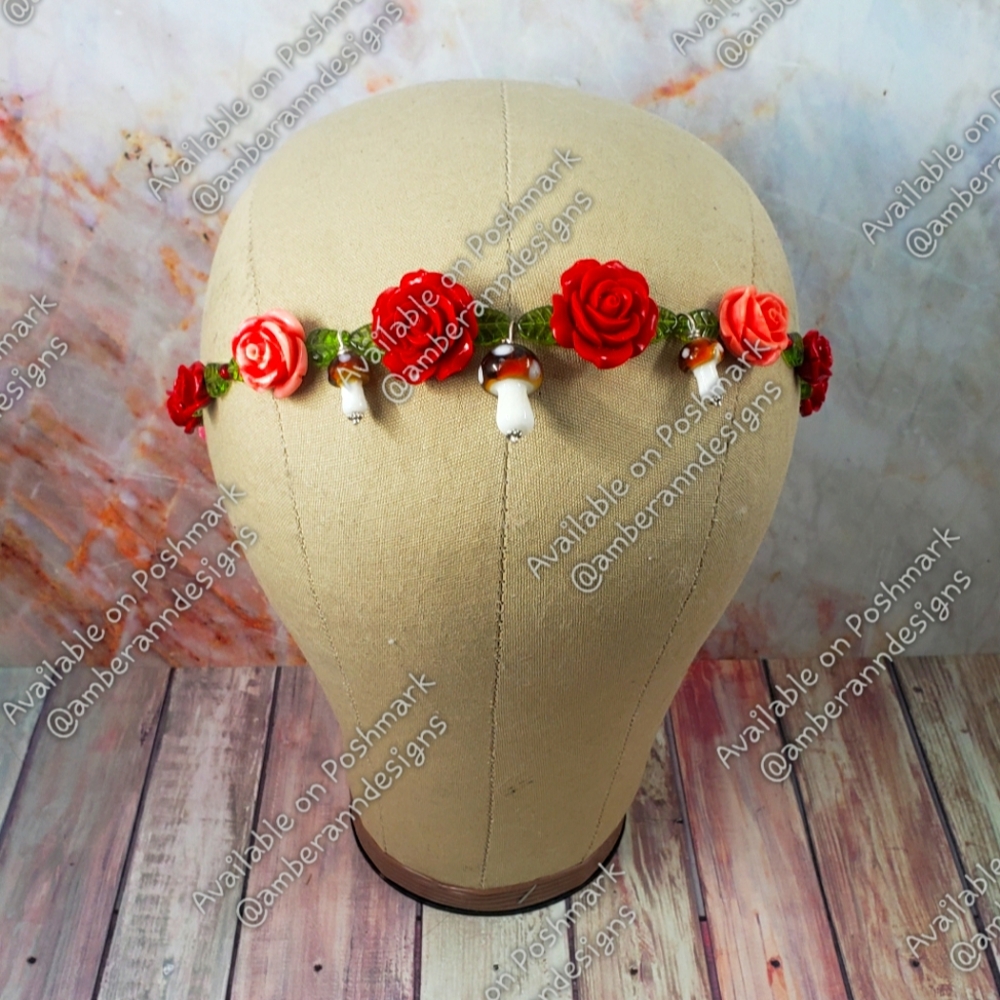 Adjustable Red Rose & Mushroom Headband
